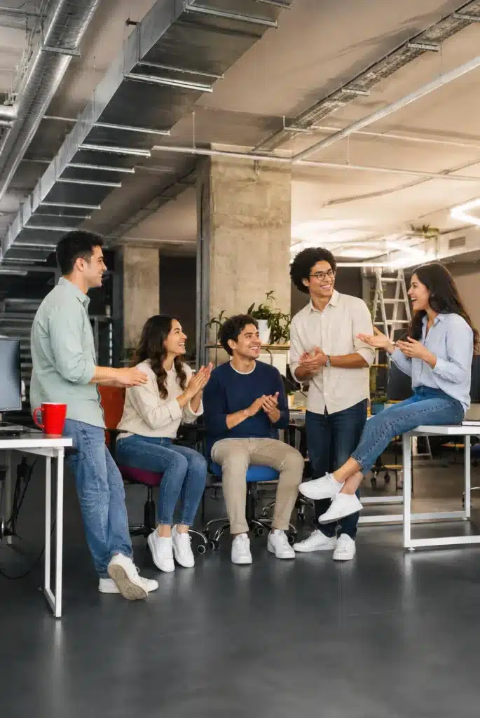 Colleagues talking together in a shared office seating area.