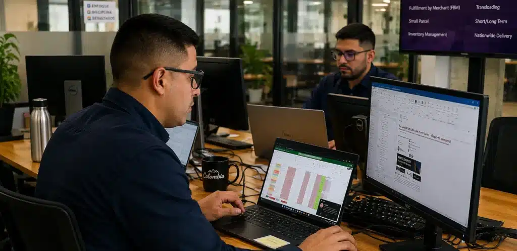Man working at a desk with a laptop and multiple monitors.