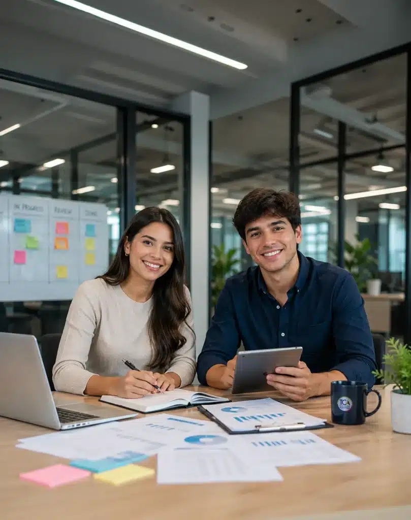 Two colleagues reviewing a tablet and documents at an office table.