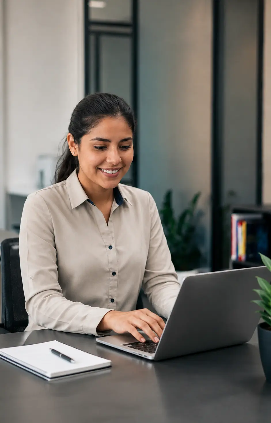 Woman working at a laptop with a notebook beside her.