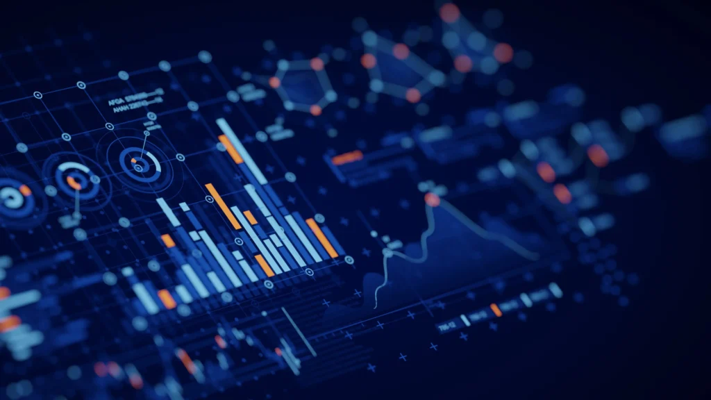 Digital charts, graphs, and dashboard elements on a dark blue interface.
