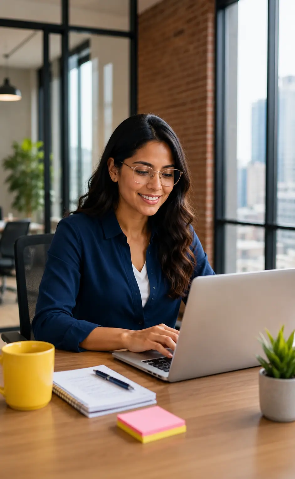 Woman working at a laptop beside a notebook.