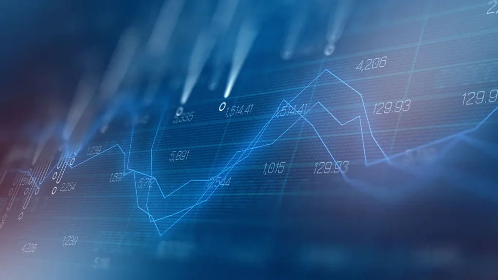Blue chart lines and data graphics on a digital background.
