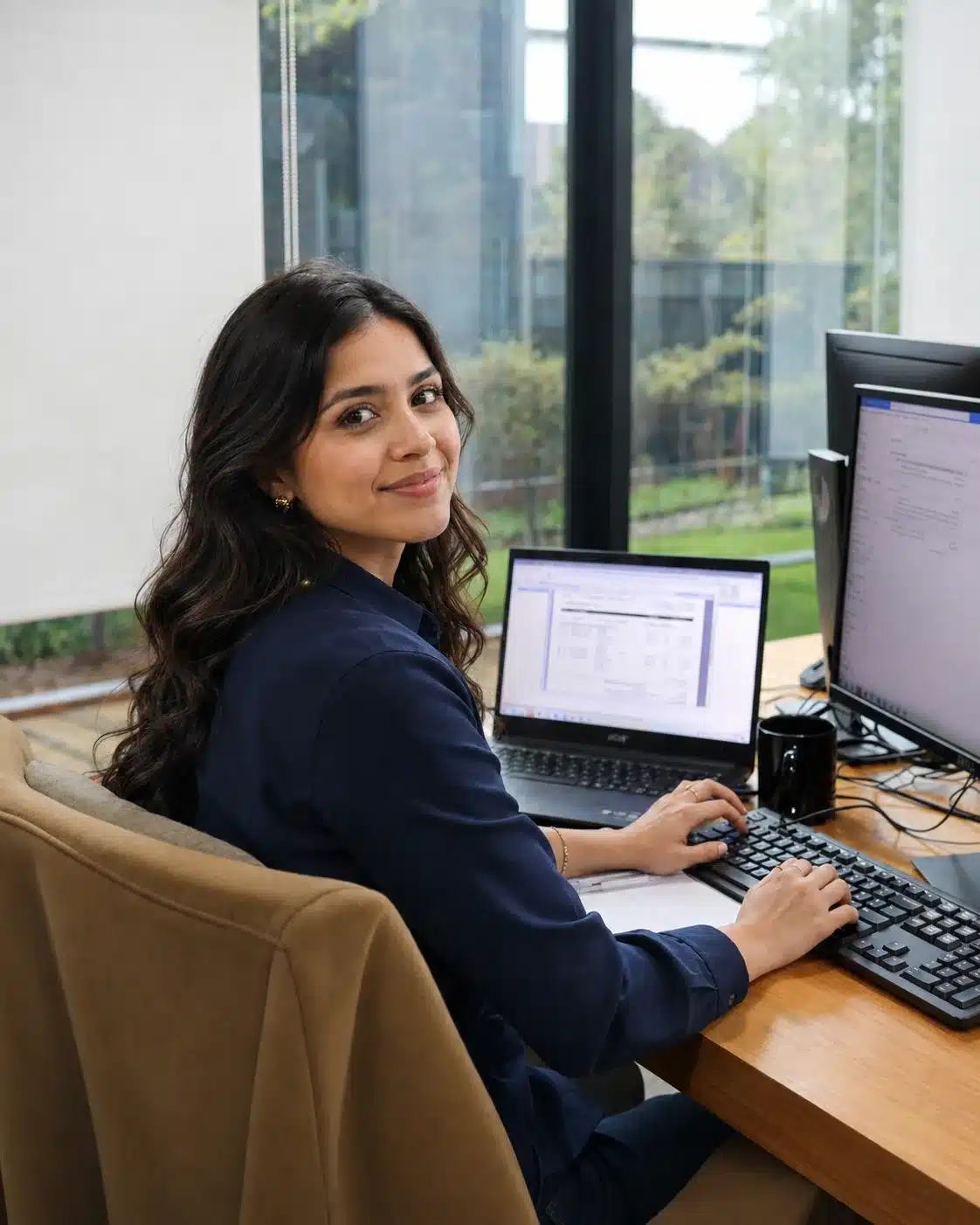 Woman seated at an office desk with a monitor and laptop.