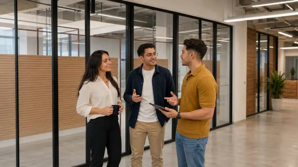 Three colleagues standing together in a glass-walled office hallway.