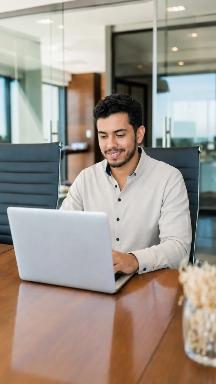 Man working at a laptop in an office meeting area.