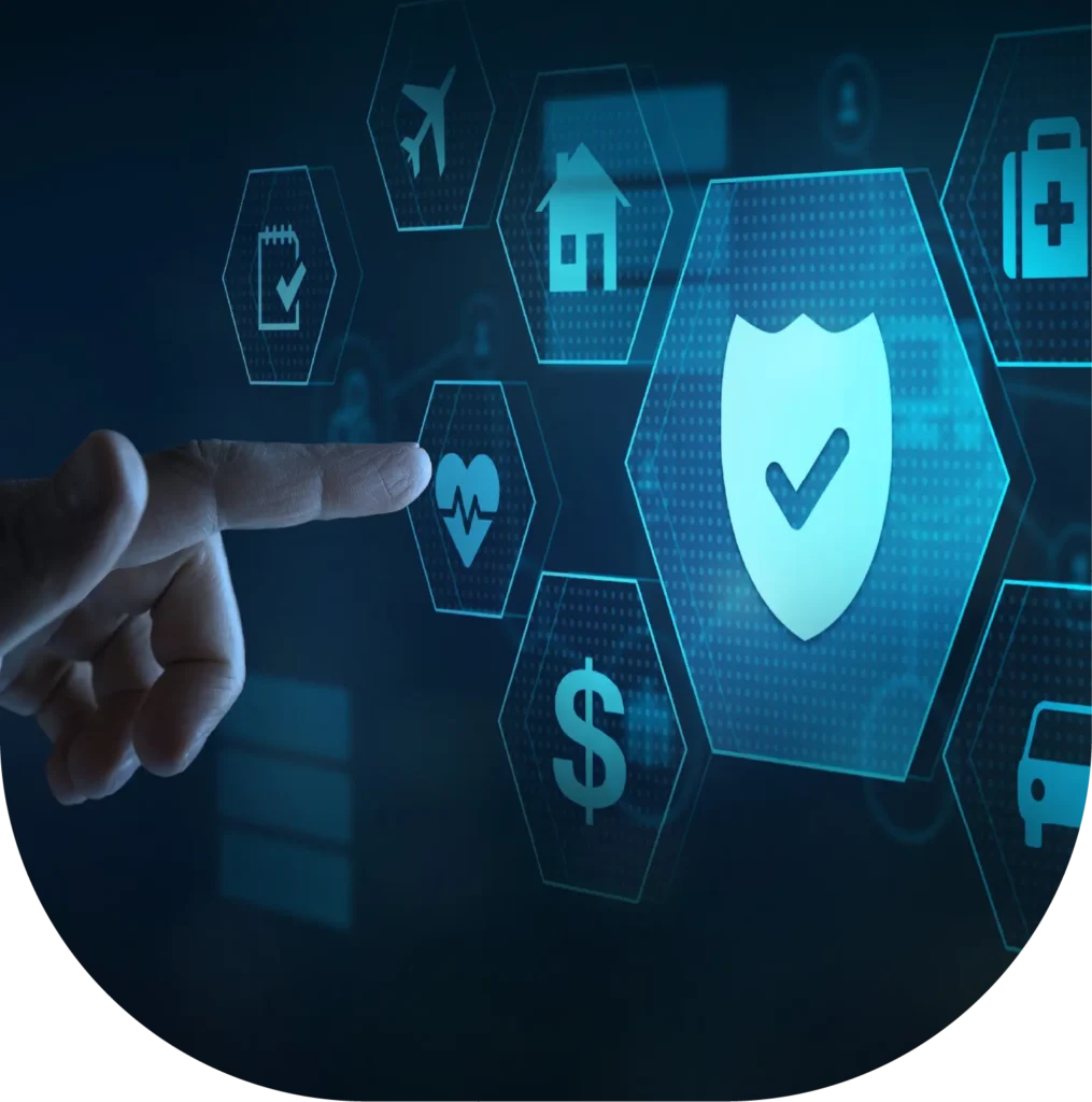 Hand pointing toward a shield surrounded by insurance symbols.