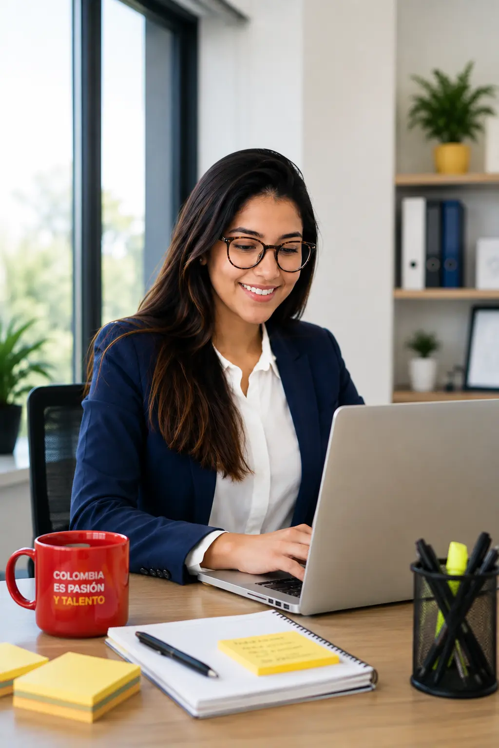 Woman wearing glasses working at a laptop.
