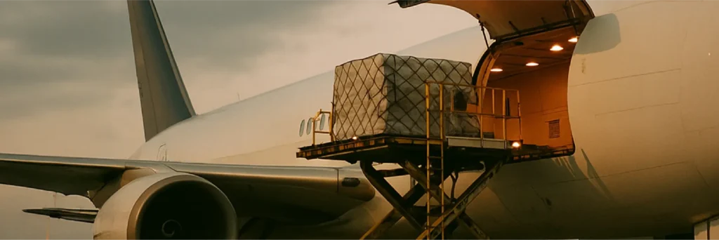 Palletized cargo being loaded into an aircraft.