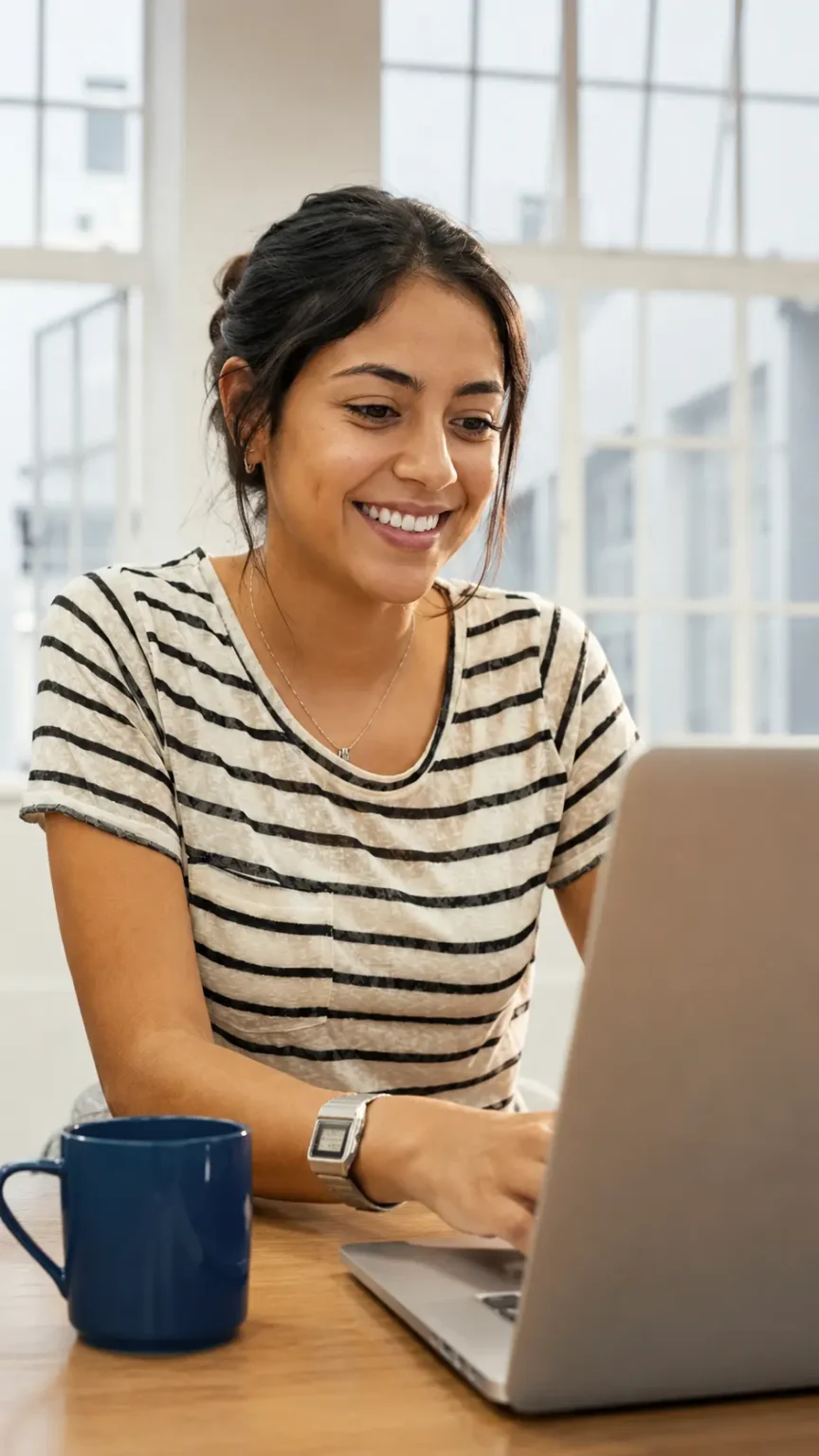 Woman in a striped shirt working at a laptop.
