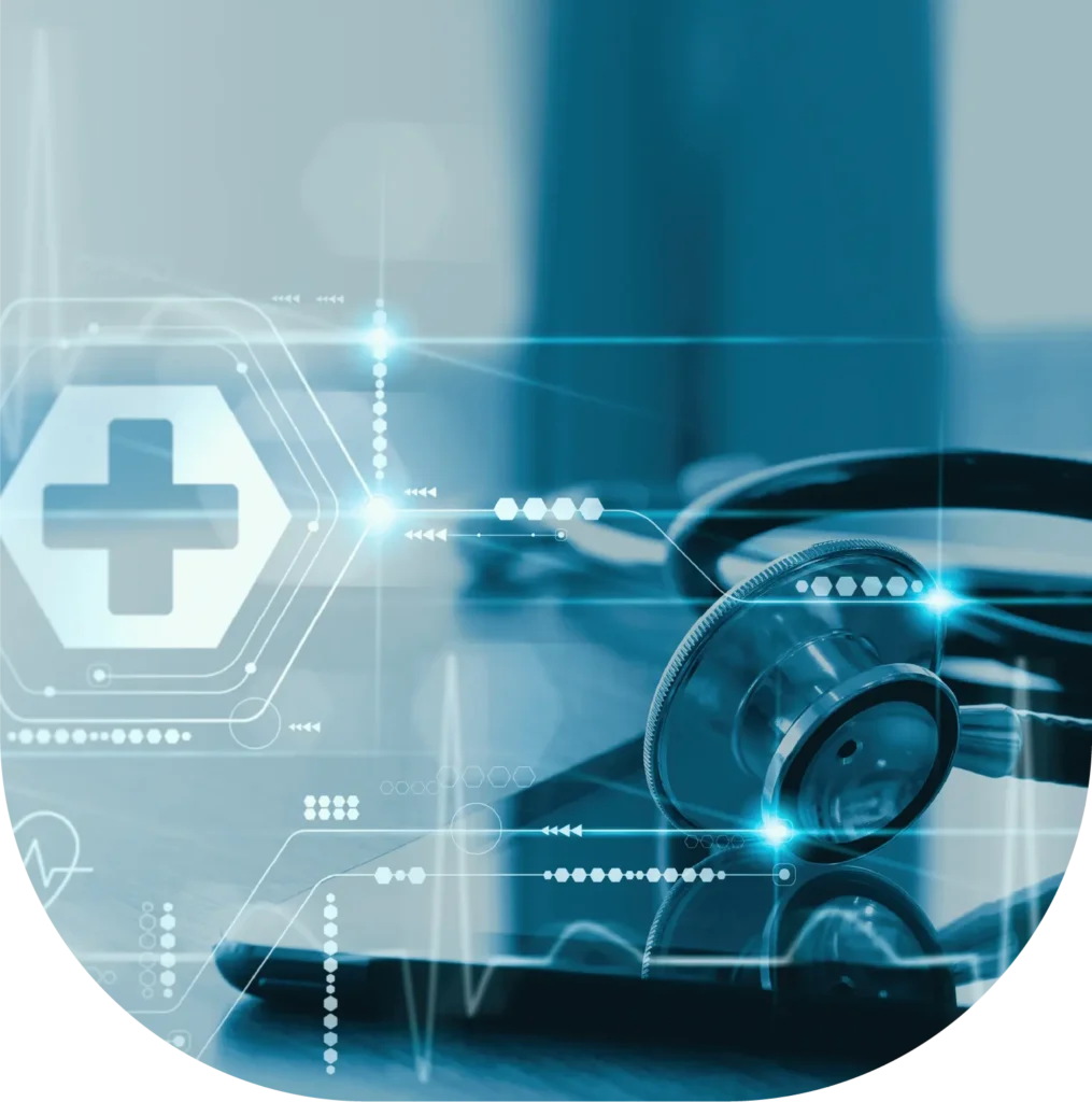 Stethoscope with translucent medical interface symbols.
