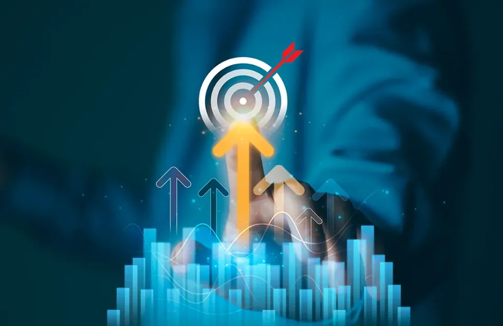 Digital bar chart, upward arrows, and a target graphic.