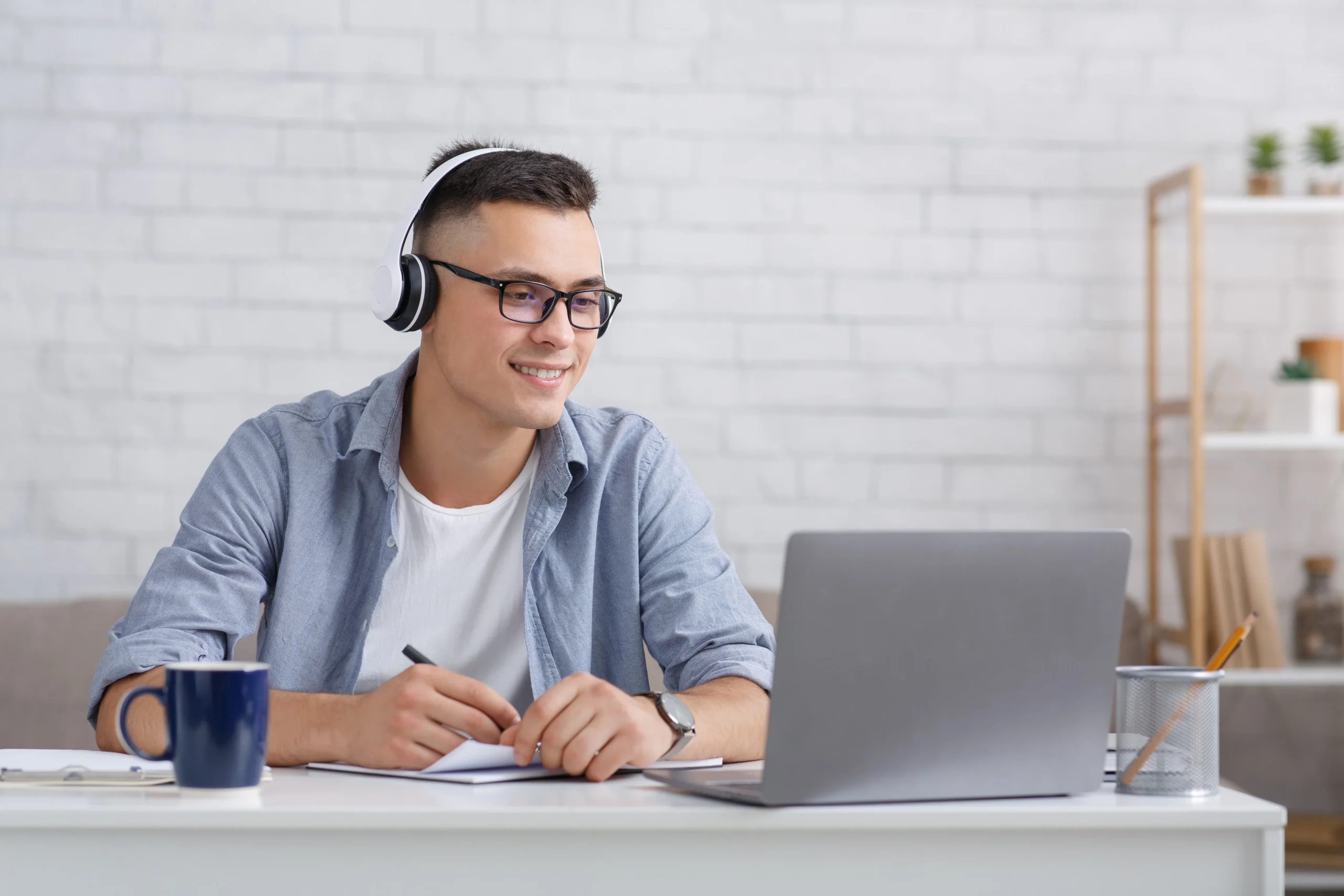 Professional communicating through a headset