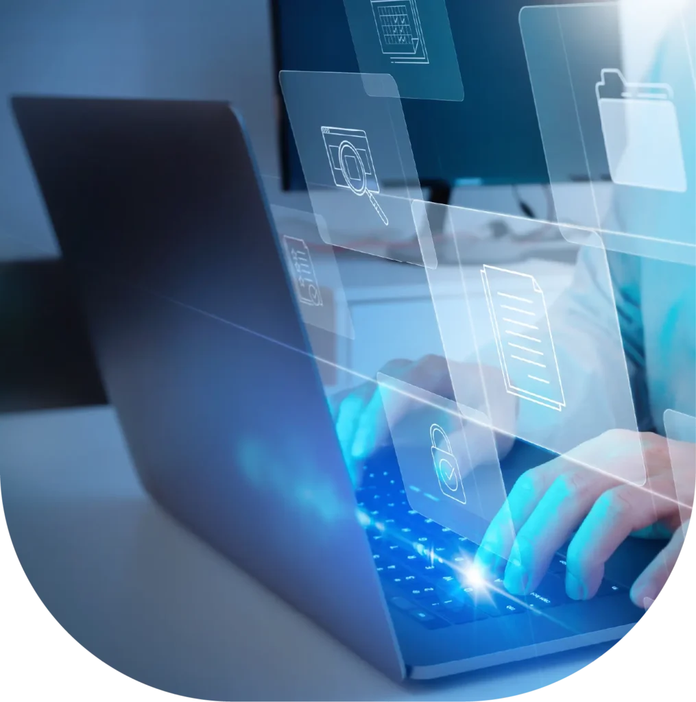 Hands using a laptop with translucent software interface graphics.
