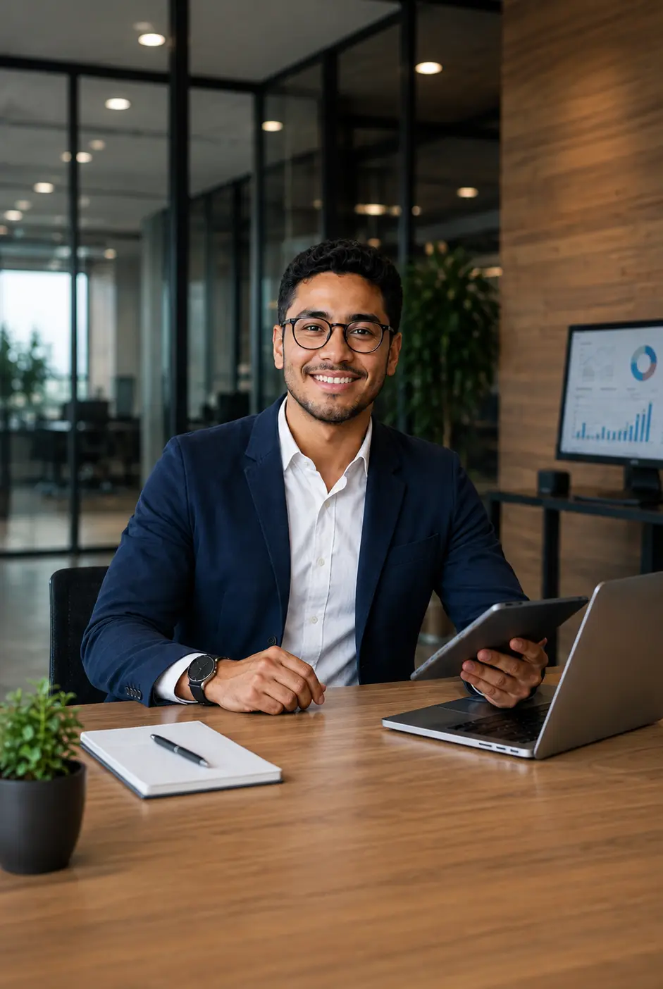 Man in glasses and a blazer holding a tablet at a desk.