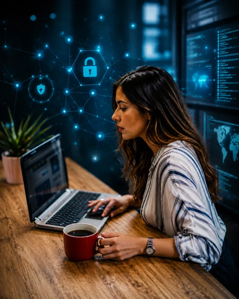 Woman working at a laptop with digital security symbols overlaid.